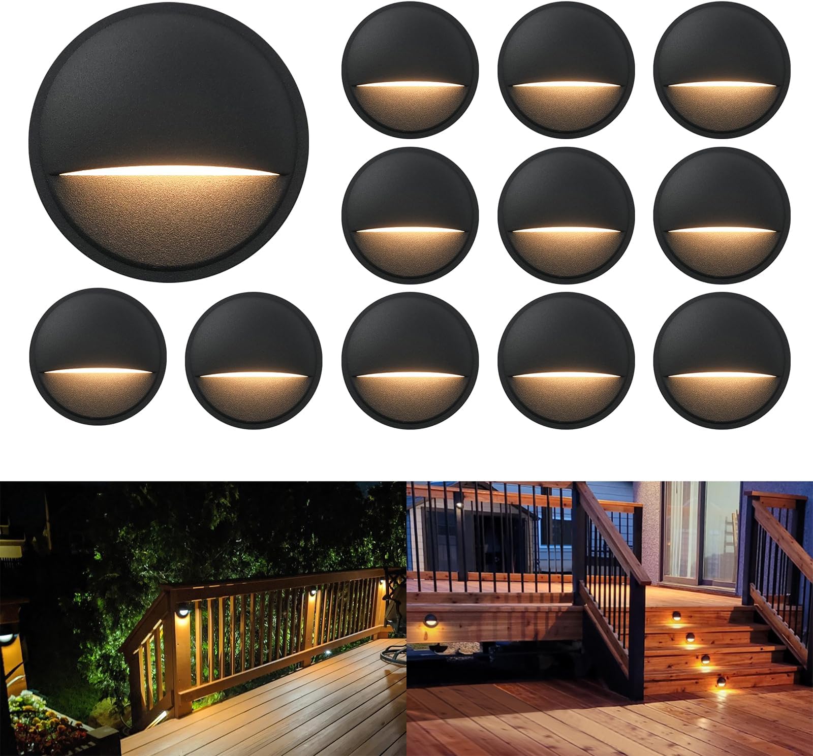 GKOLED 12 Pack Low Voltage LED Deck Lights, Landscape Step Lights Fixtures, 2W Integrated LED Chips, Die-cast Aluminum 12V AC/DC Railing Post Accent Lighting, Black Powder Coated Finish, UL-Listed