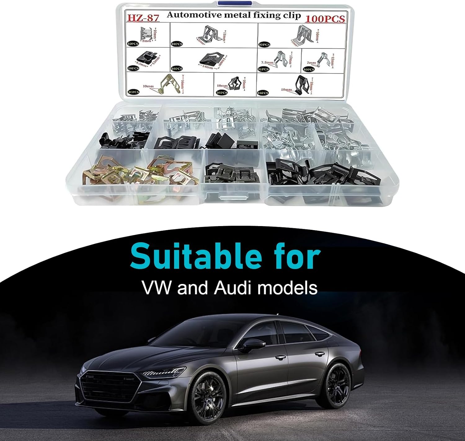 100 PCS Car U-Clips, Car Dashboard Trim Clips Kit with 10 Sizes, Metal Trim Panel Spring Moulding Clip, Universal Console & Interior Panel Fastener Replacements for Most Cars