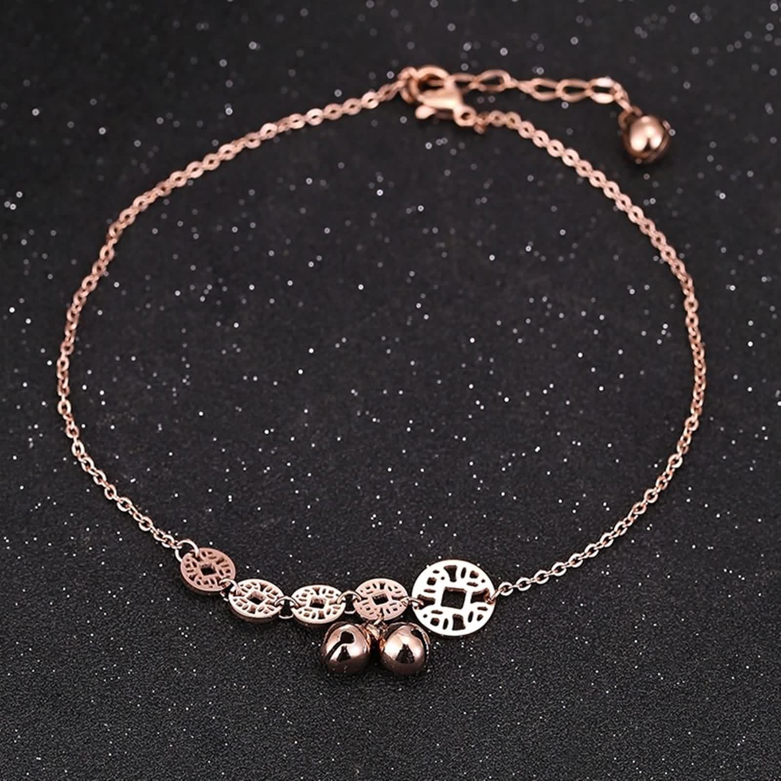 9K Rose Gold 375 Tobillera Boho 30 cm, Au375 oro rosa, campana, hueca, redonda, tobillera para mujer