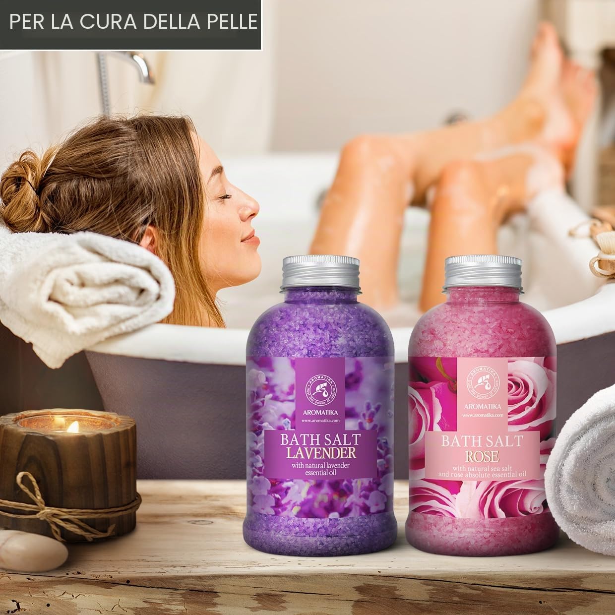 Sali da Bagno Set Lavanda & Rosa 2х600g - Sale Marino con Olio Essenziale di Lavanda - con Olio Essenziale Assoluto di Rosa - Cura del Corpo - Rilassamento - Bellezza - Aromaterapia