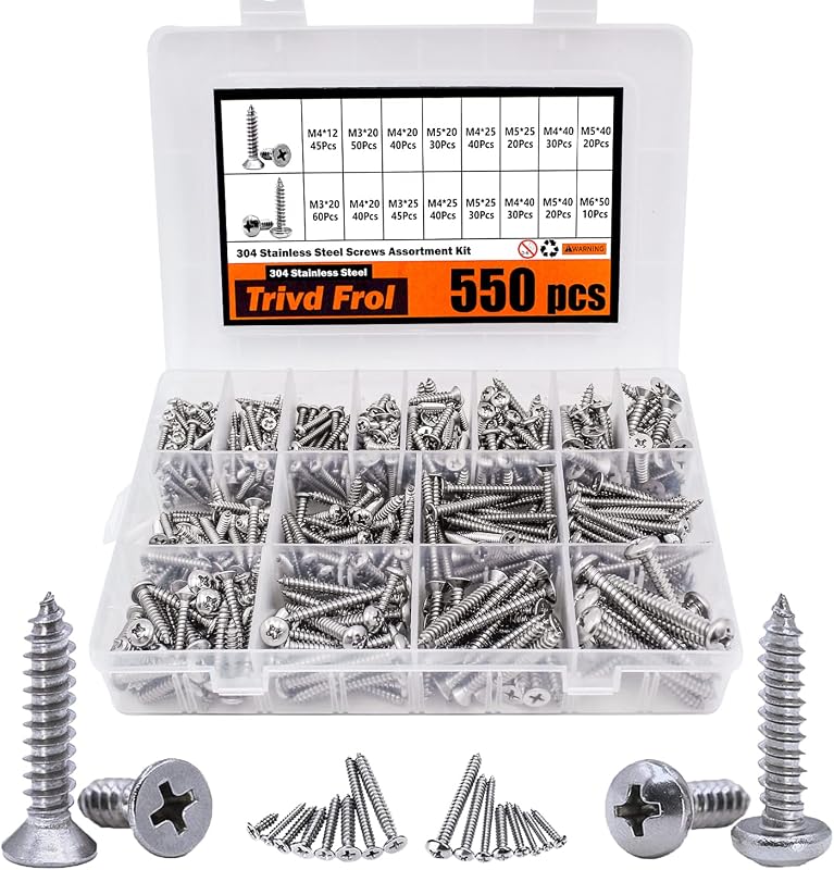 Trivd Frol 550PCS Self Tapping Screws Assortment Set 304 Stainless Steel | M3/M4/M5/M6 Sheet Metal Screws Kit, Phillips Drive Wood Screw Assortment 550PCS (275PCS Round Head and 275PCS Flat Head)