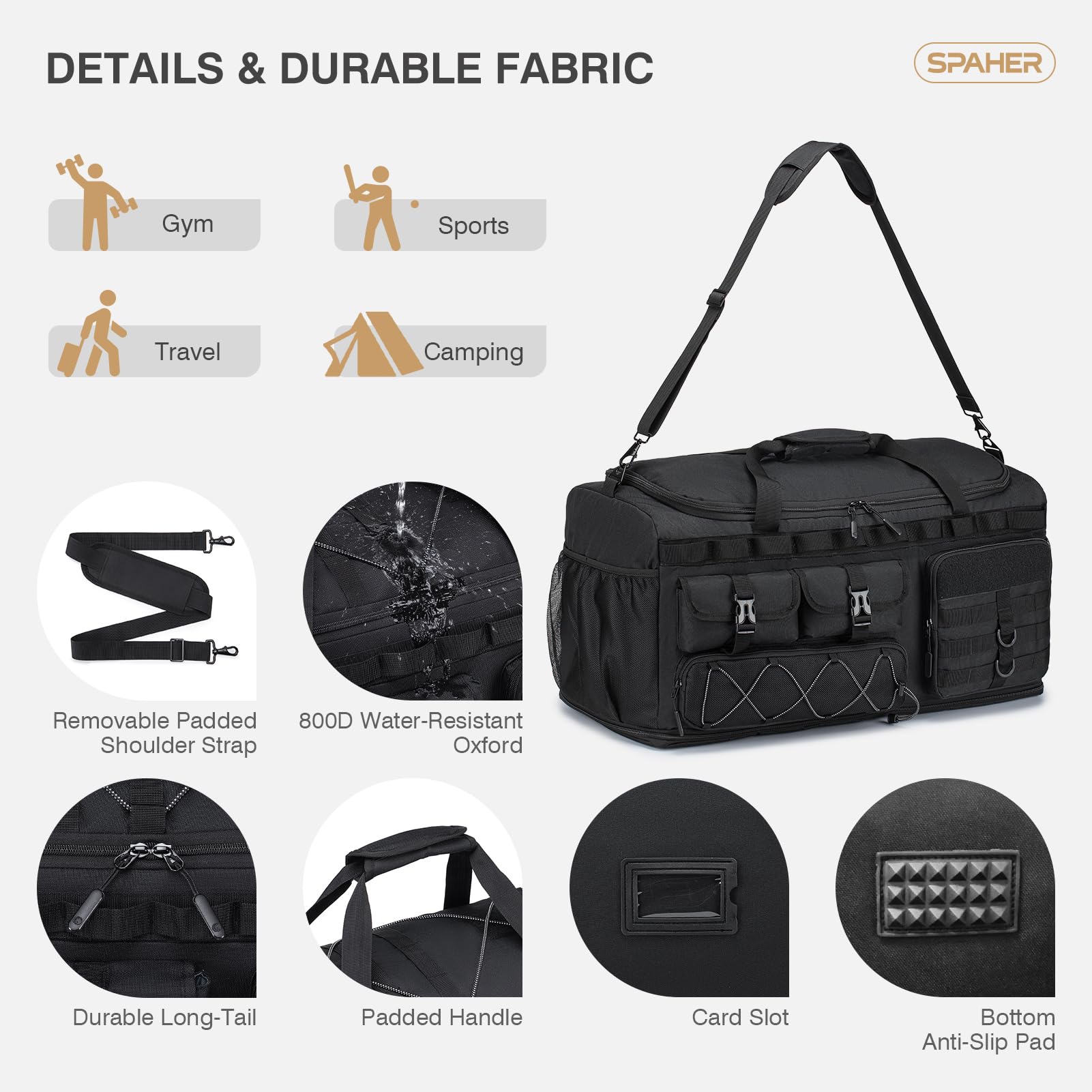 SPAHER 100L Sac de Voyage Sport Extensible Grand Sac a Main, Noir | Sac Demenagement Organisateur Transport Pour Camping Weekend Voyage Voiture Sac a Main Homme Femmes Étanche, Big Travel Bag