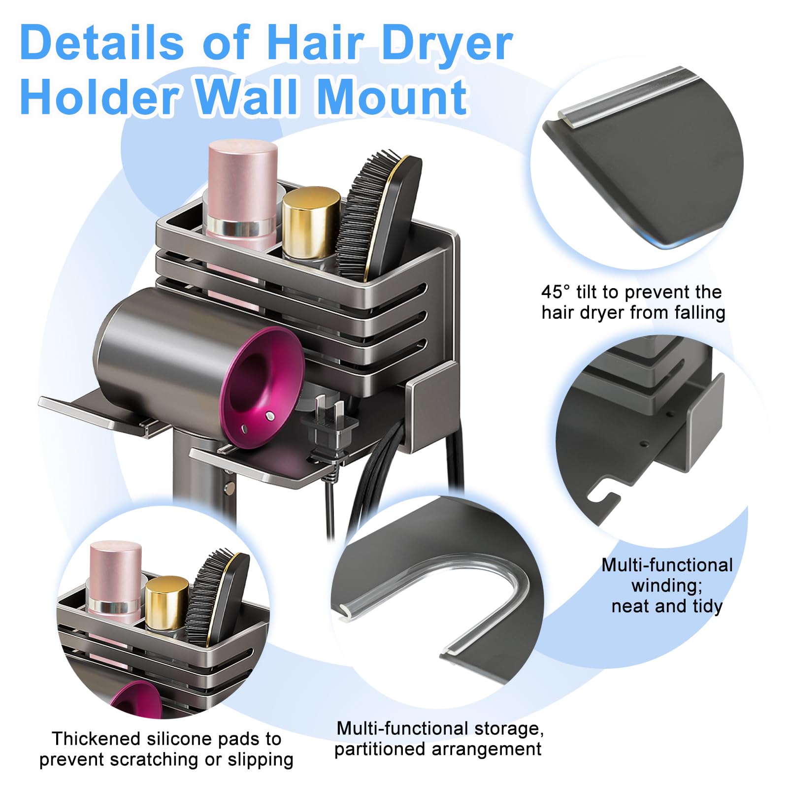 Porta Asciugacapelli Da Muro Adesivo - Con Supporto Rasoio E Portacavi, Senza Fori - Foto 13