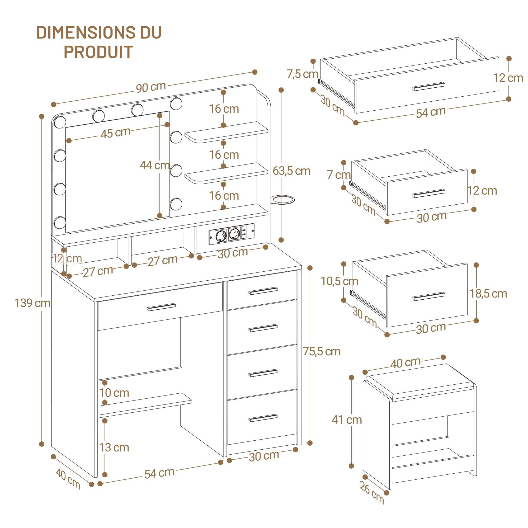 Hzuaneri Coiffeuse avec 10 Globes Lumineux LED, 3 Couleurs, Coiffeuse avec Prise Et Grand Miroir, Tabouret Et Support pour Sèche-Cheveux, Tiroirs Multiples, Blanc DT39003X
