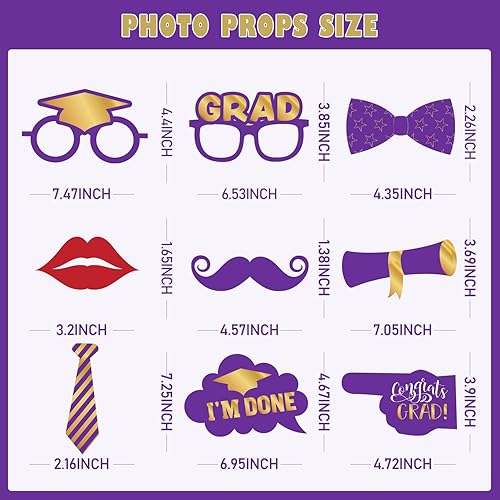 Miniatura 4 de Decoraciones de fiesta de graduación moradas y doradas 2023, marco grande de cabina de fotos de felicitación púrpura con 9 piezas de accesorios de