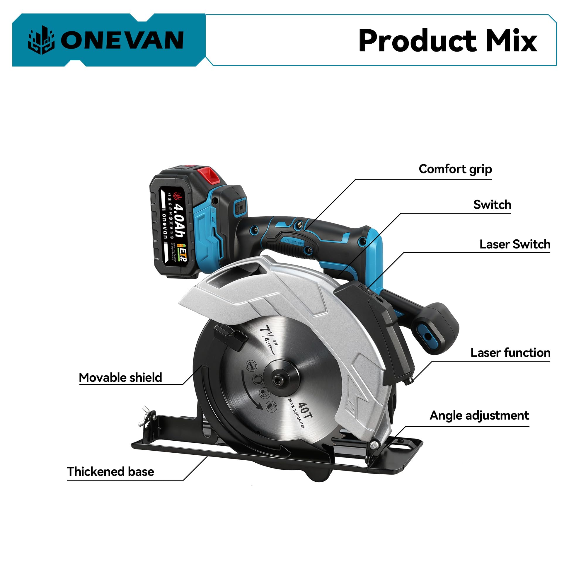 ONEVAN Akku Kreissäge mit Laser, 1200W Bürstenlos Akku Handkreissäge, Tauchkreissäge Schnitttiefe 60mm, 0-45° Schrägschnitt, 4000 U/min, 2x4.0Ah Akkus, für Holz, Metallarbeiten (Blau)