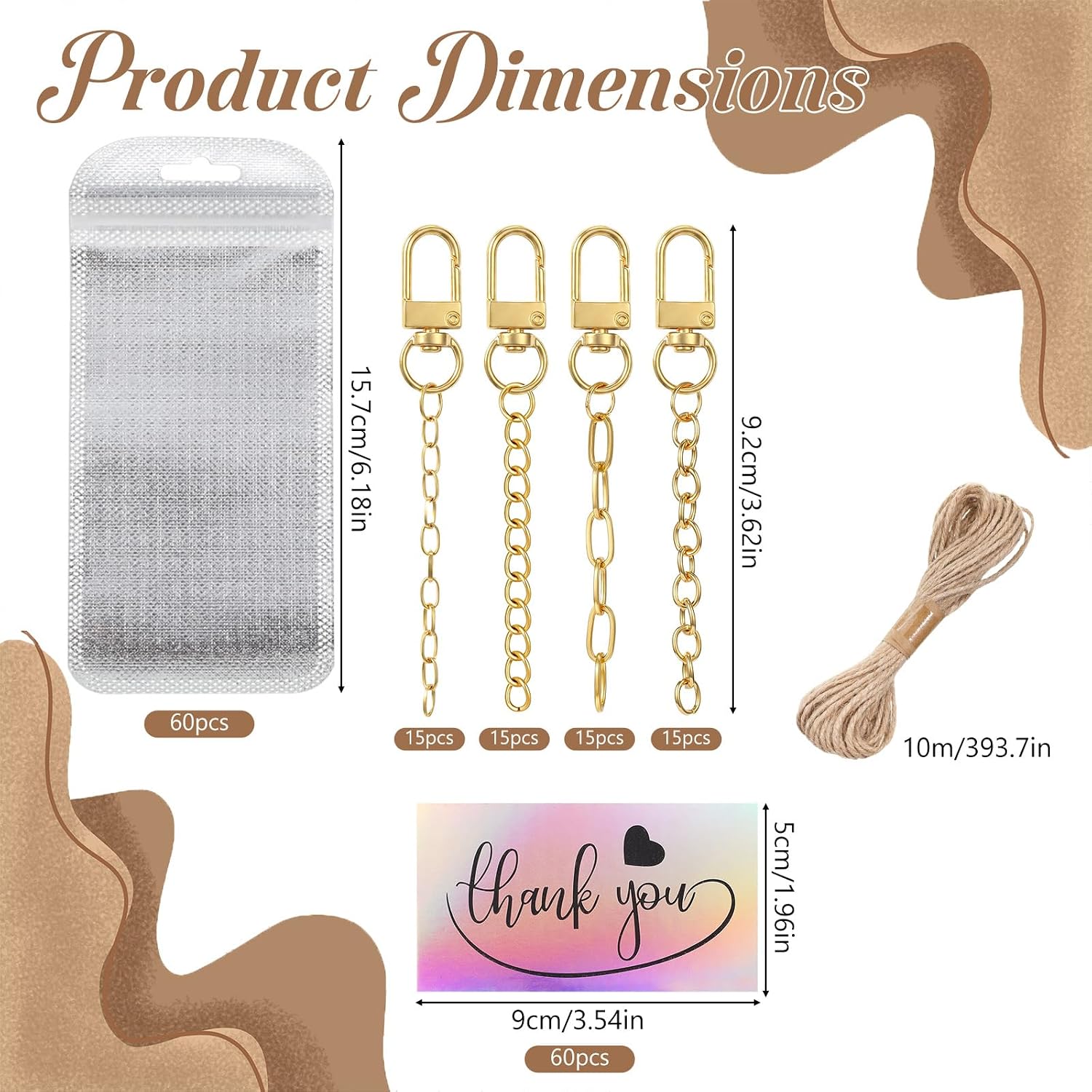 60 Sets Keychain Making Kit, Gold Zinc Alloy Keychain Clips with Extender Chain, Swivel Snap Lobster Claw Clasps Keyring, Gift Bags, Thank You Cards, for DIY Craft Jewelry Making Bag Accessories Gift
