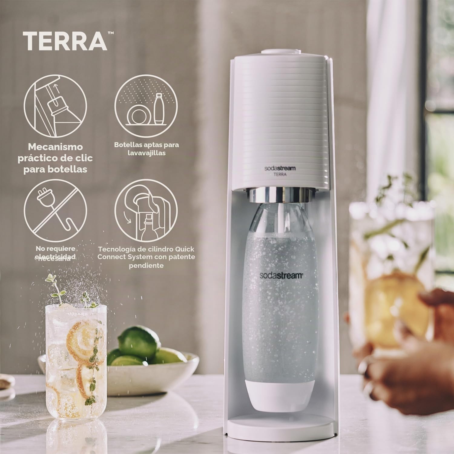 SodaStream Terra 1012813490 - Pulverizador de agua con cilindro de CO2, 2 botellas de plástico de 1 l aptas para lavavajillas y 1 botella de plástico apta para lavavajillas de 0,5 l, altura de 44 cm,