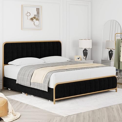 Miniatura 4 de HITHOS Base de cama tapizada de tamaño matrimonial con 4 cajones de almacenamiento y cabecero base de colchón de metal resistente con listones de
