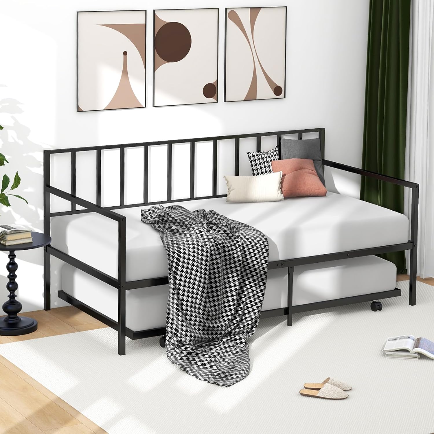 KOMFOTT Twin Metal Daybed configured as a sofa with the trundle bed neatly tucked underneath.