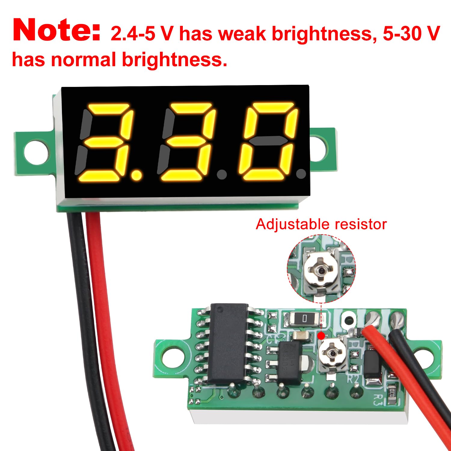 YIXISI 5 Sztuk 0.28 Cala Mini Cyfrowy Woltomierz, Zakres Pomiarowy DC 2.4V-30V Dwuprzewodowy Tester Napięcia, Ochrona Przed Odwrotną Polaryzacją i Dokładny Pomiar Ciśnienia (Żółty)