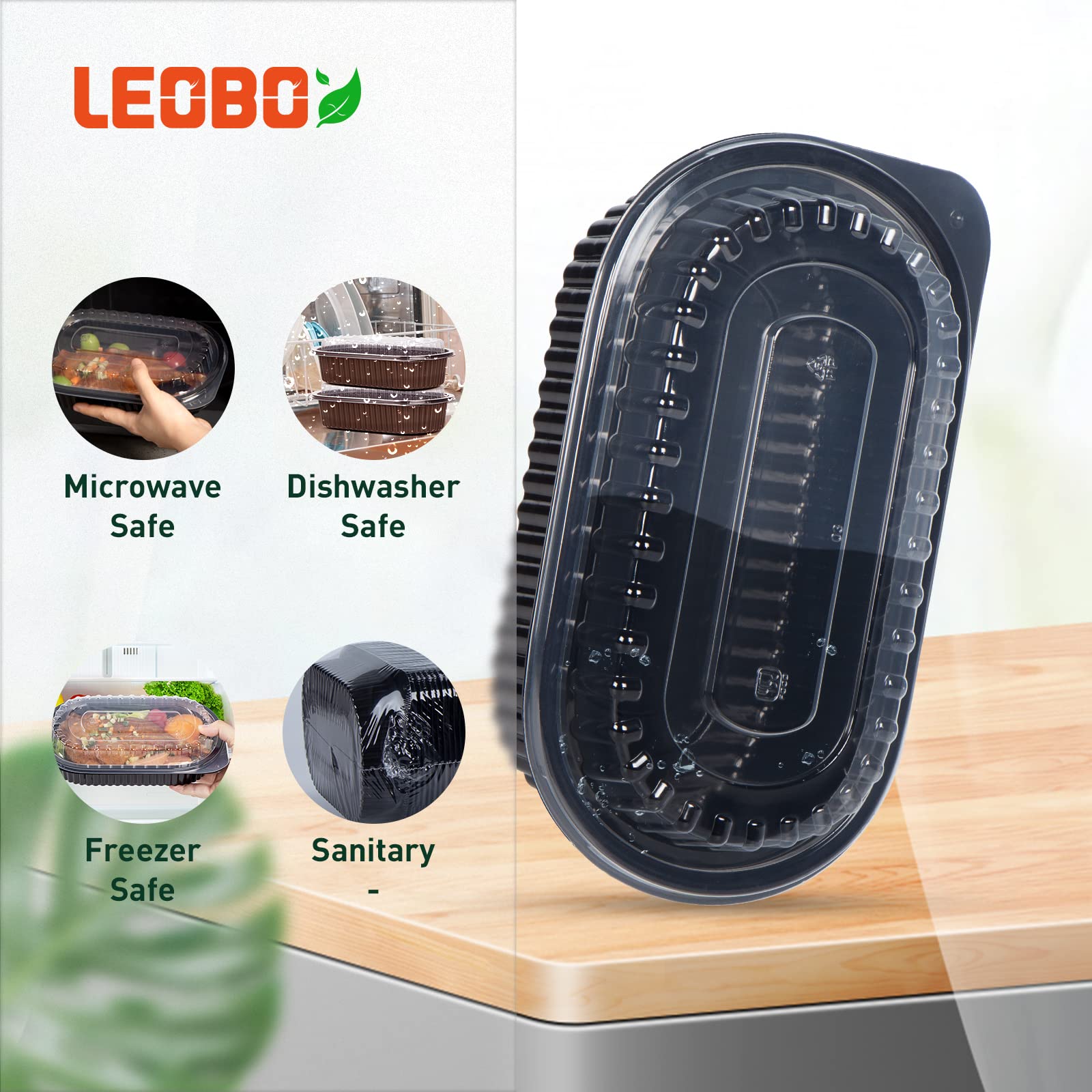 LEOBOX To Go Containers, 45 Pack Meal Prep Containers 26 oz Plastic BPA Free Black Take Out Containers