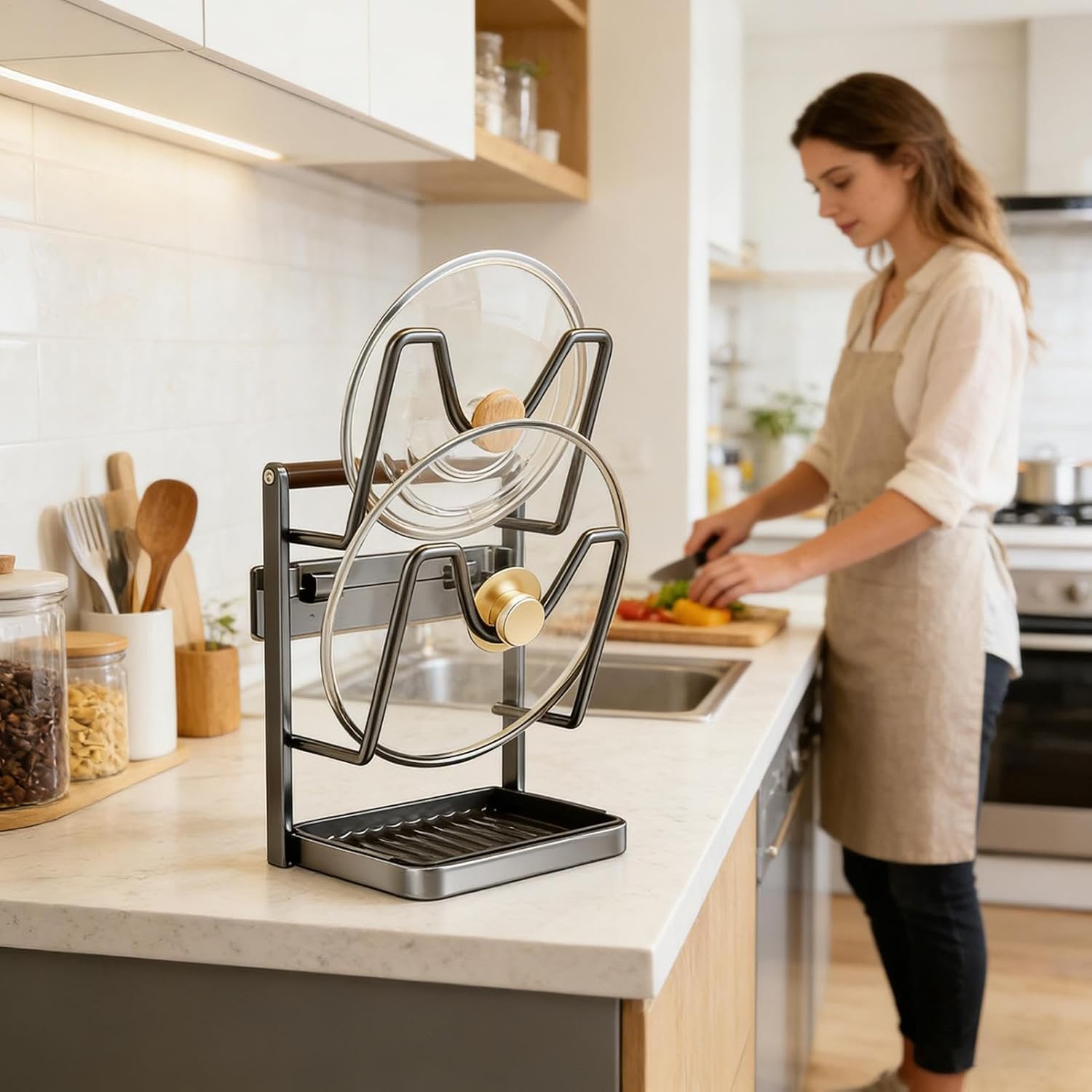 フライパン蓋オーガナイザー - 縦型スプーン収納棚、取り外し可能なドリップトレイ付きステンレスパンカバーオーガナイザー | キッチン