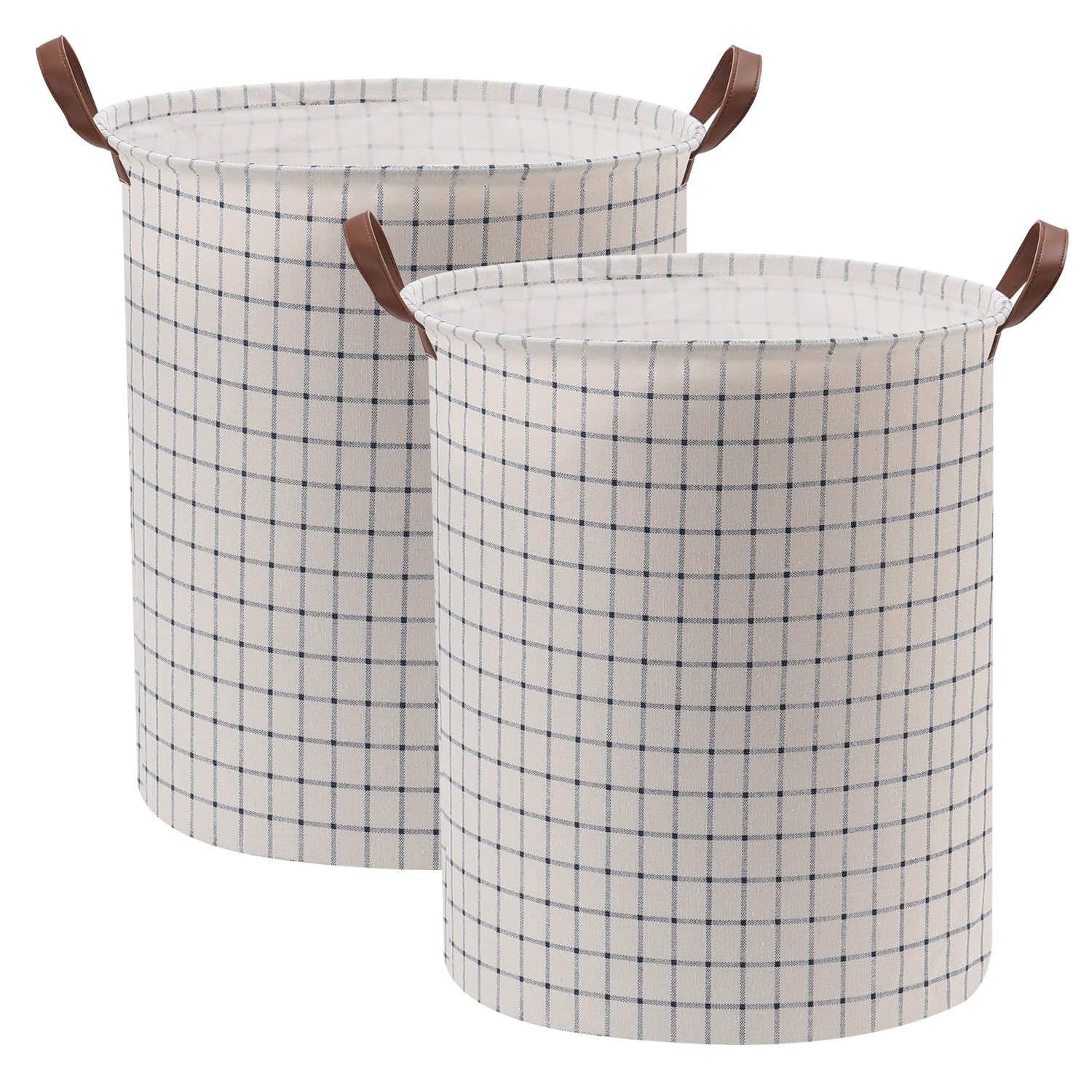 MAQIAO 2 Pack Round Laundry Hamper Basket, Large Tall 63L Freestanding Waterproof Clothes Basket, Collapsible Storage Organizer with Leather Handles for Dirty Clothes, Home Storage (blue)