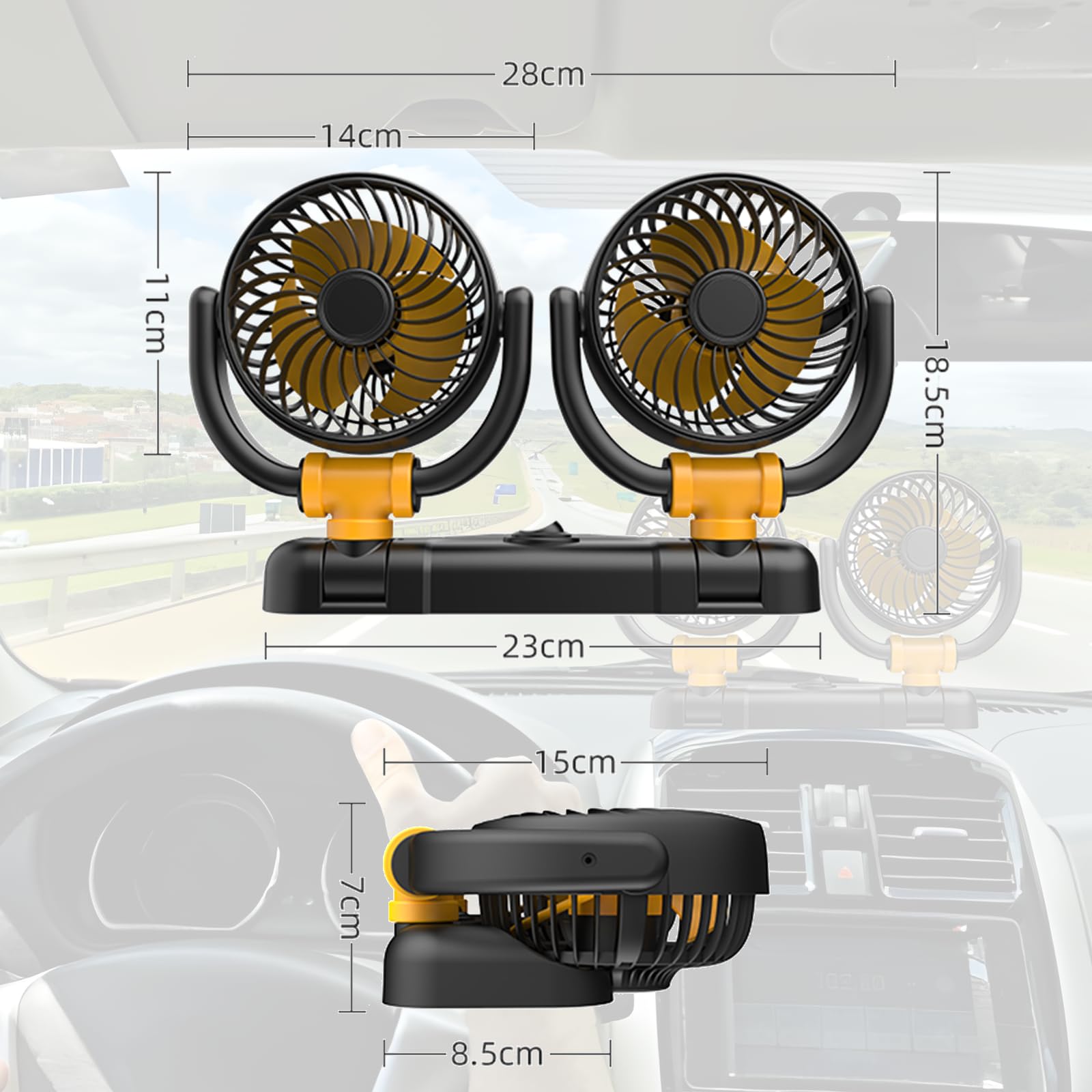 Ventilatore per auto, 12 V, doppia testa, per auto, girevole a 360 gradi, con presa accendisigari, potente e silenzioso, per auto, furgone, camper, barca