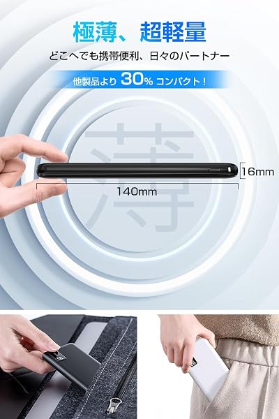 【2026新登場・20000mAh極薄型】 モバイルバッテリー 大容量 軽量 小型 薄型 スマホ全機種対応 3台同時充電 急速充電 充電器 Type-C LED残量表示 PSE技術基準適合 安全設計&回路保護 機内持ち込み可 旅行/出張/アウトドア/停電/防災用 コンパクト - 5