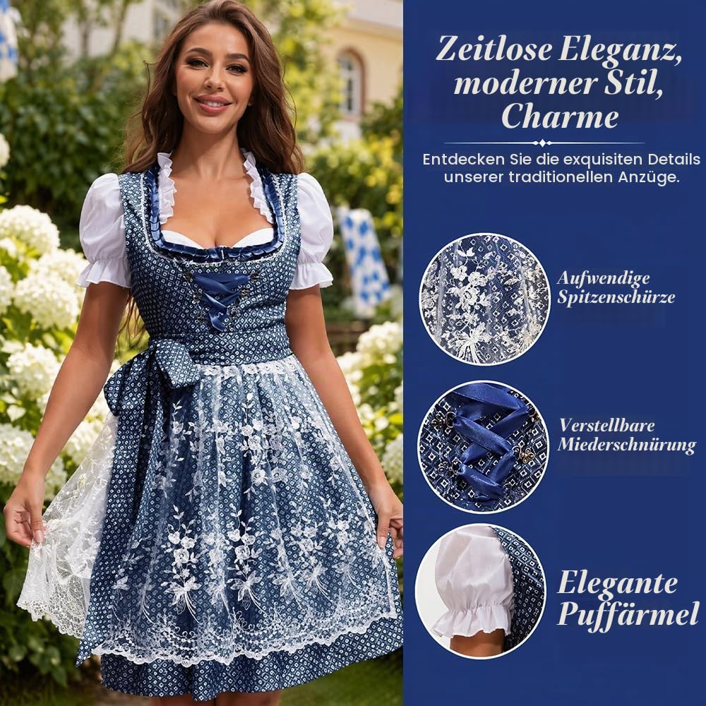 Foreverup 4tlg Dirndl Damen midi Trachtenkleid,Dirndlkleid Trachtenrock