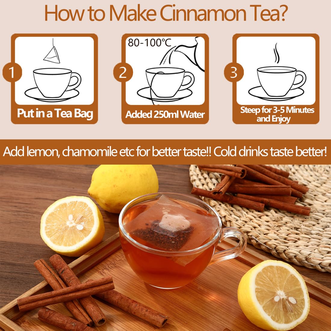 Premium 100 Pure Ceylon Cinnamon Tea Bags, Made with 100% Ceylon Cinnamon Sticks, No Additives & Caffeine Free. - Image 6