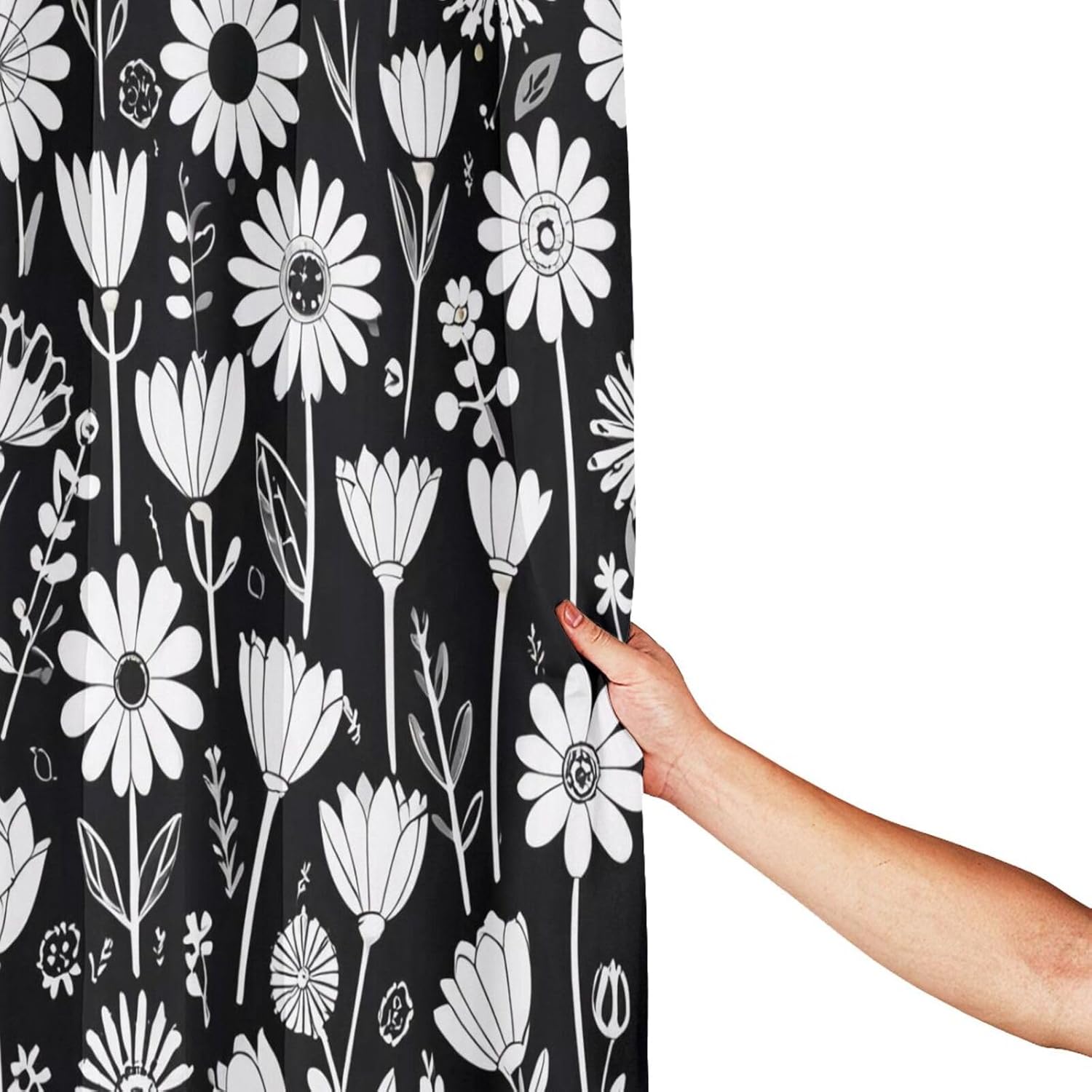 Black and White Flowers Print Shower Curtains, Cute Bathroom Shower Curtain, Bathroom Decor with Grommets and Hooks-72 x 72