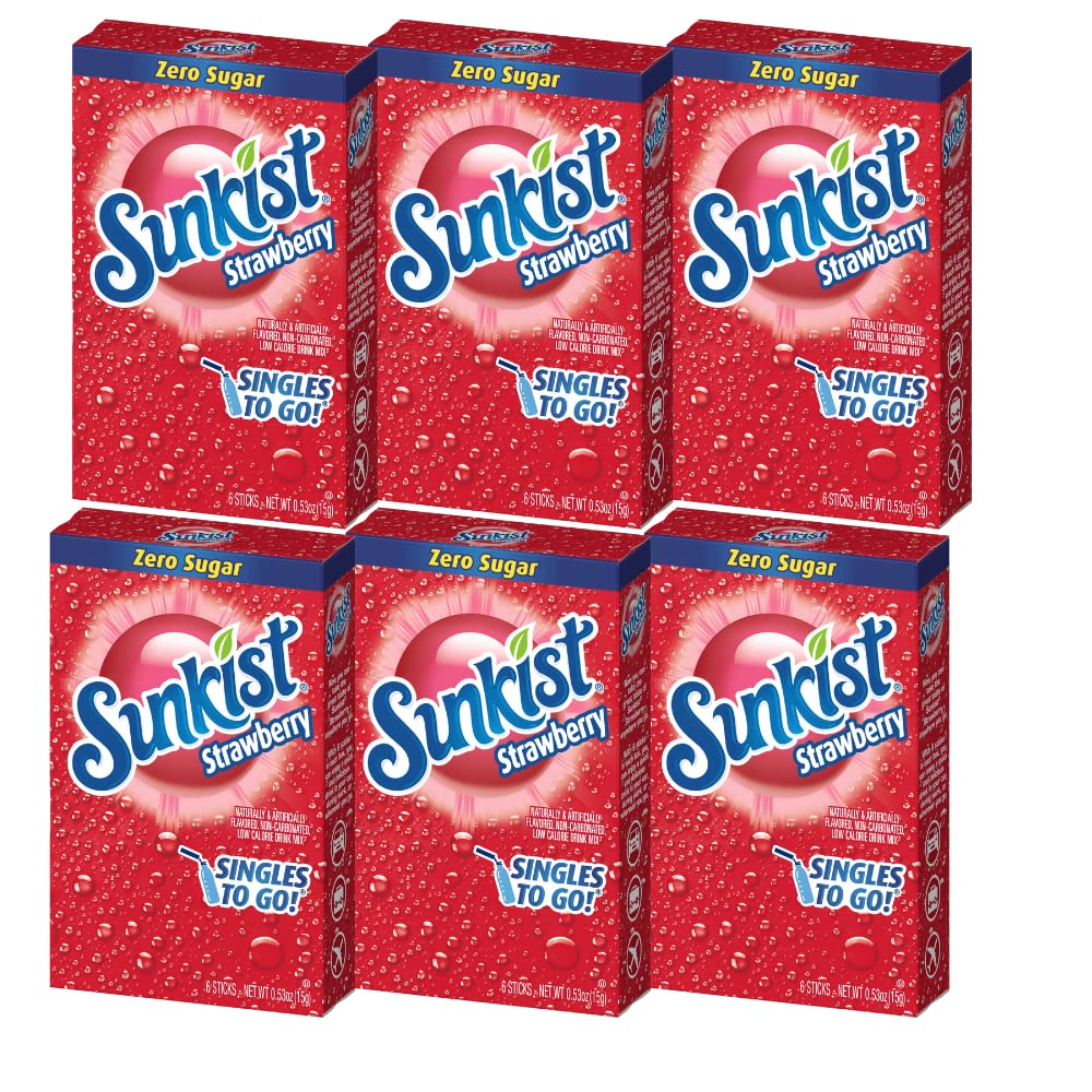 Sunkist Singles-To-Go Drink Mix, Strawberry, Non-Carbonated, Low-Calorie, Zero Sugar, 6 CT in each box (Pack of 6)
