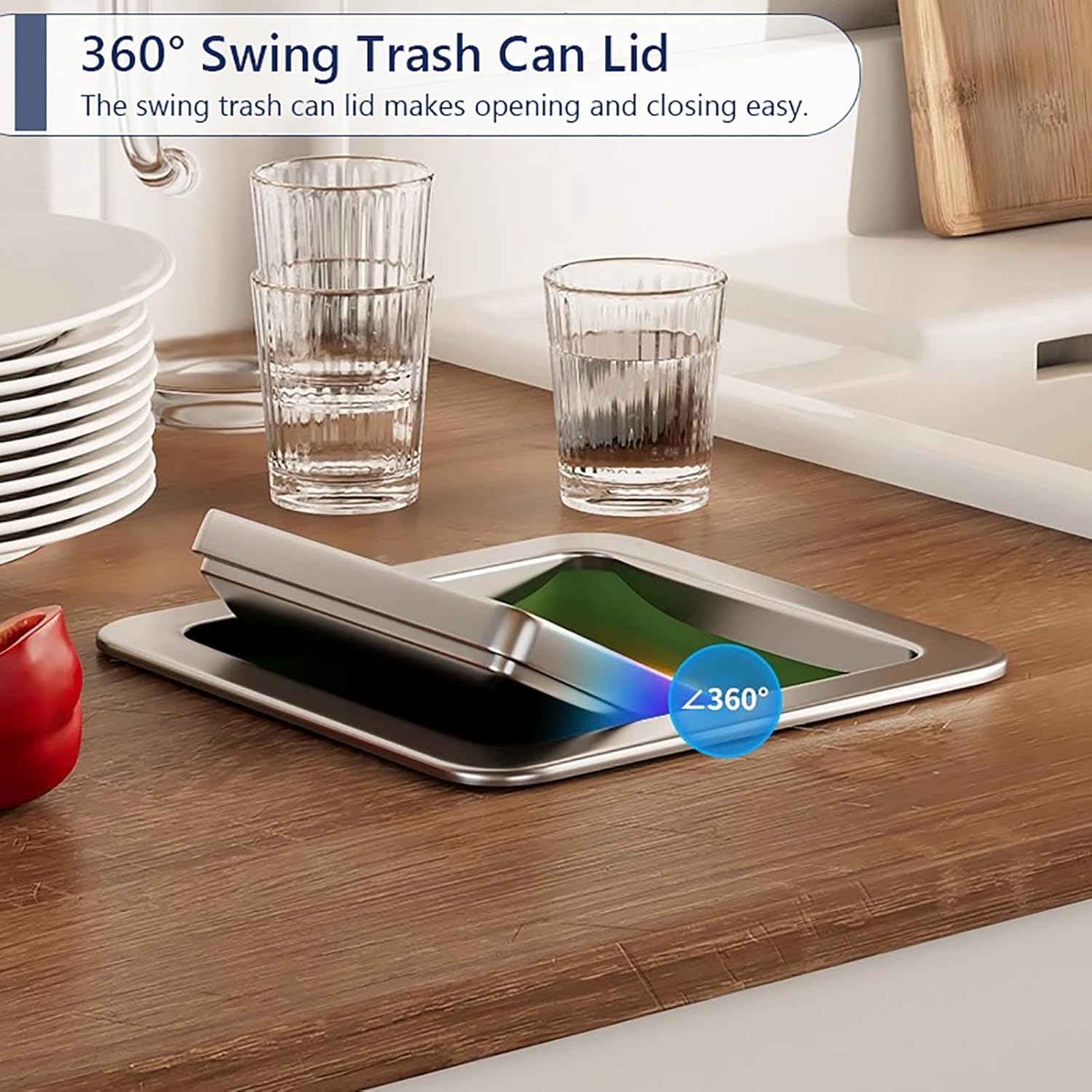 Square Trash and Waste Chute Lid Built-in Countertop,recessed Stainless Steel Trash Bin Cover,Garbage Trash Can Swing Lid,only Lid,for Kitchen,Bathroom, Black Trash Can