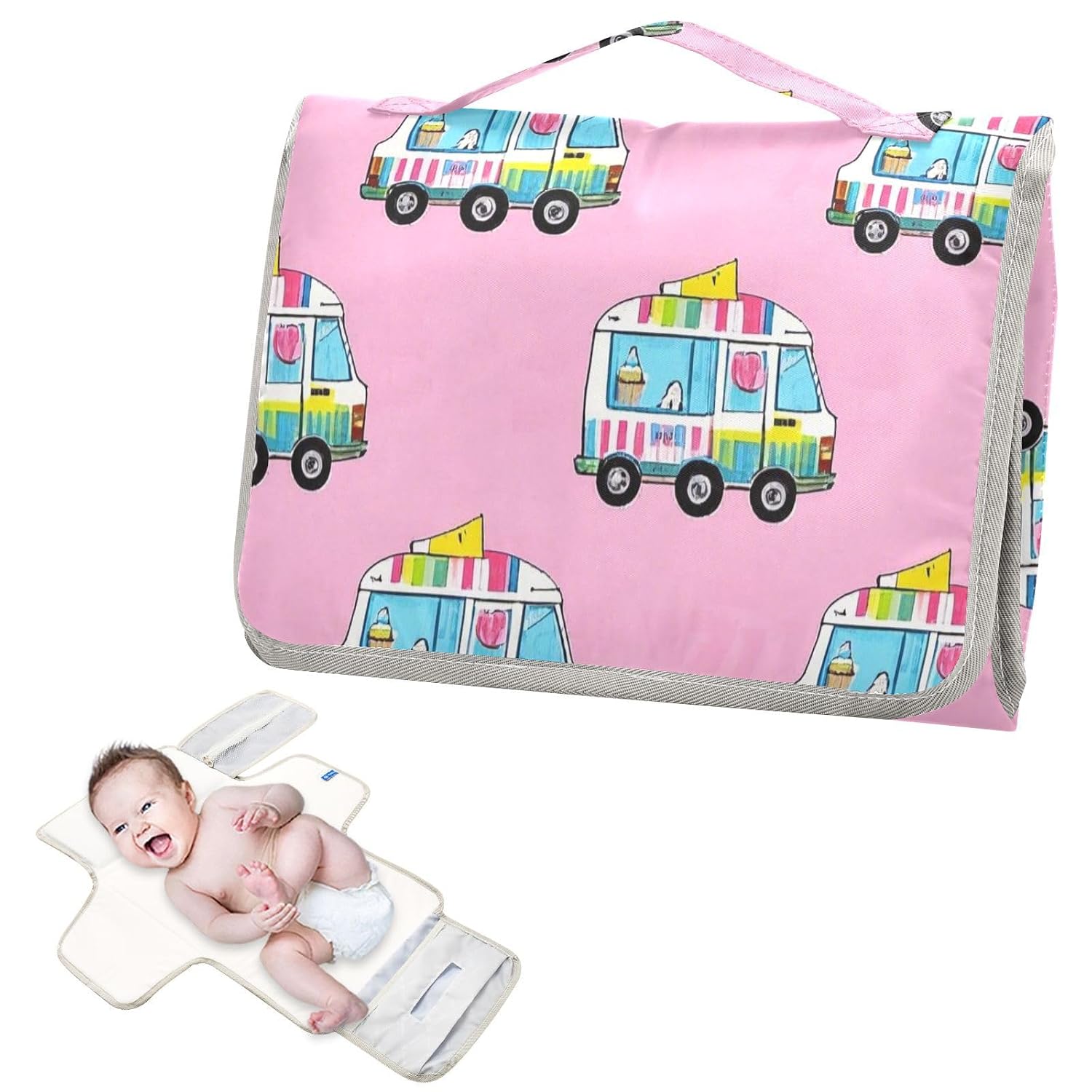 Pink Ice Cream Truck Summer Reusable Portable Changing pad with Tissue Pocket Diaper Changing pad Portable for Girl & Boy cambiador de pa?ales para Bebes