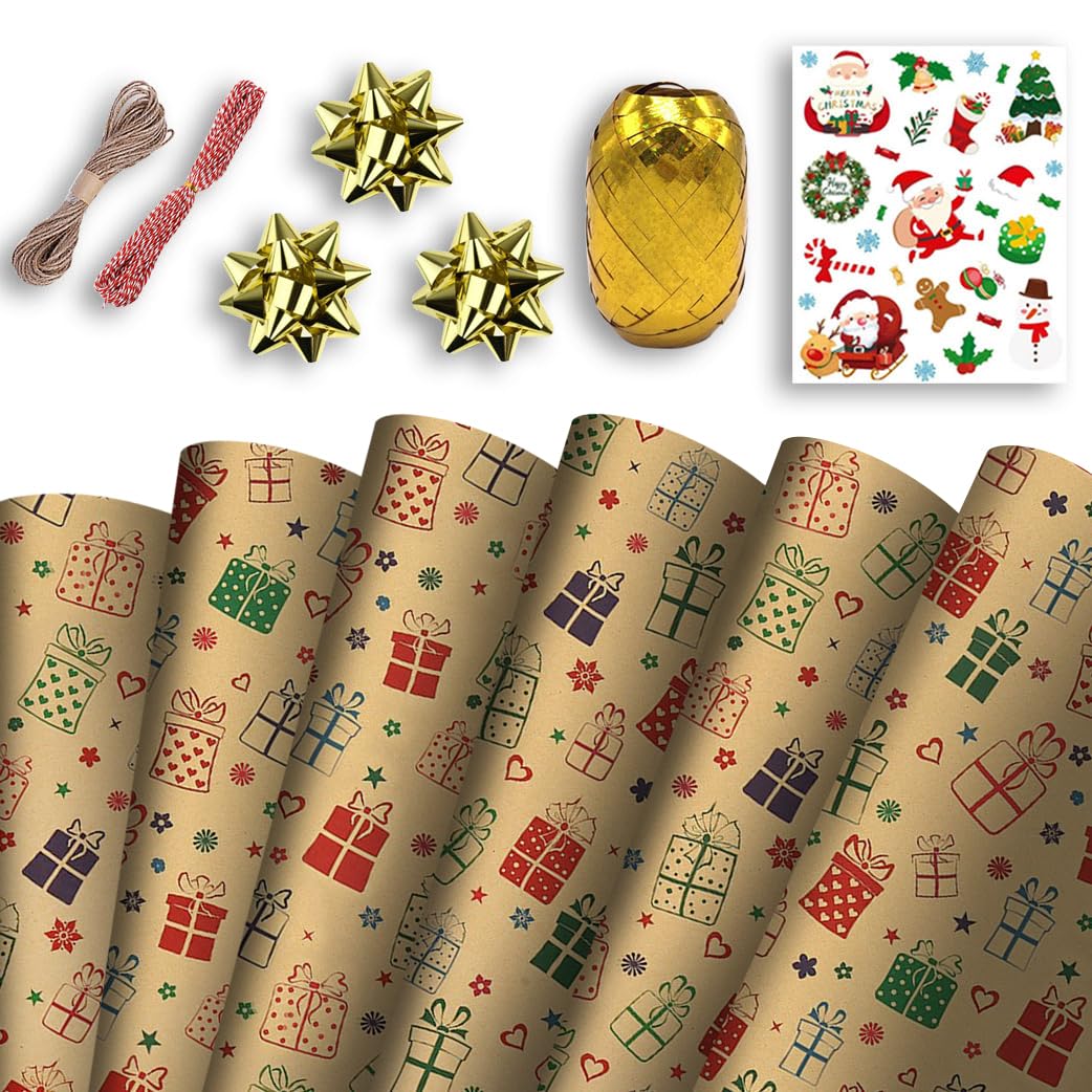 Christmas Wrapping Mega Kit: 10 Sheets Classic Kraft Festive Traditional Pattern Present Gift Wrap Roll | 70cm x 50cm Wrap Paper Design | Complete Xmas Package Set | String, Stickers, Bows, Ribbons