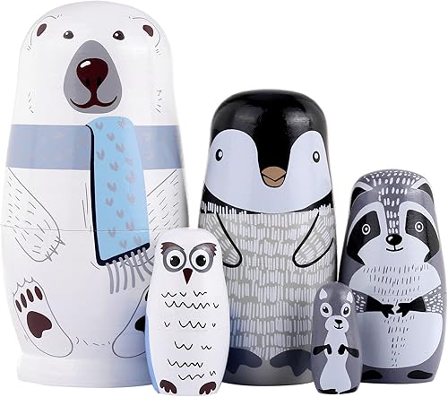 Yoption Juego de 5 muñecas rusas Matryoshka hechas a mano de madera con oso polar y pingüino para niños regalo de Navidad cumpleaños oso polar