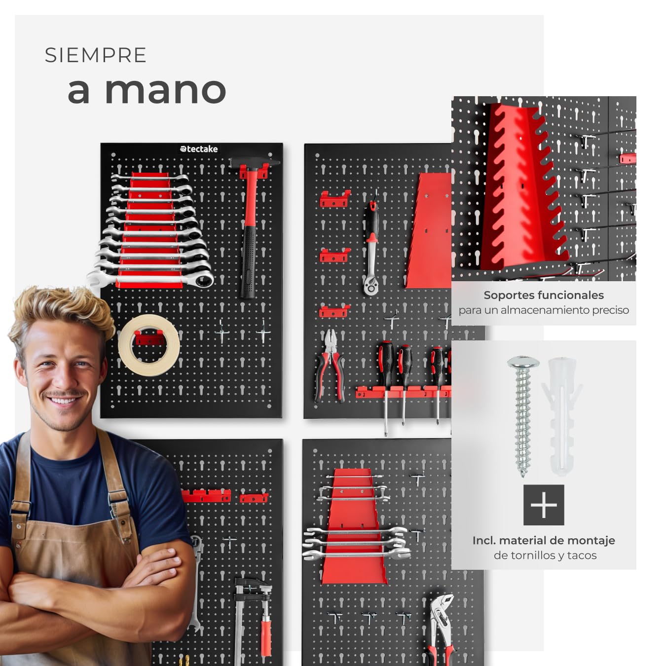 tectake® Organizador de Herramientas de Pared, Panel Perforado, Estantería de Taller con Ganchos, Banco de Herramientas, Herramientas Bricolaje, Tablero Perforado - 4 Tableros
