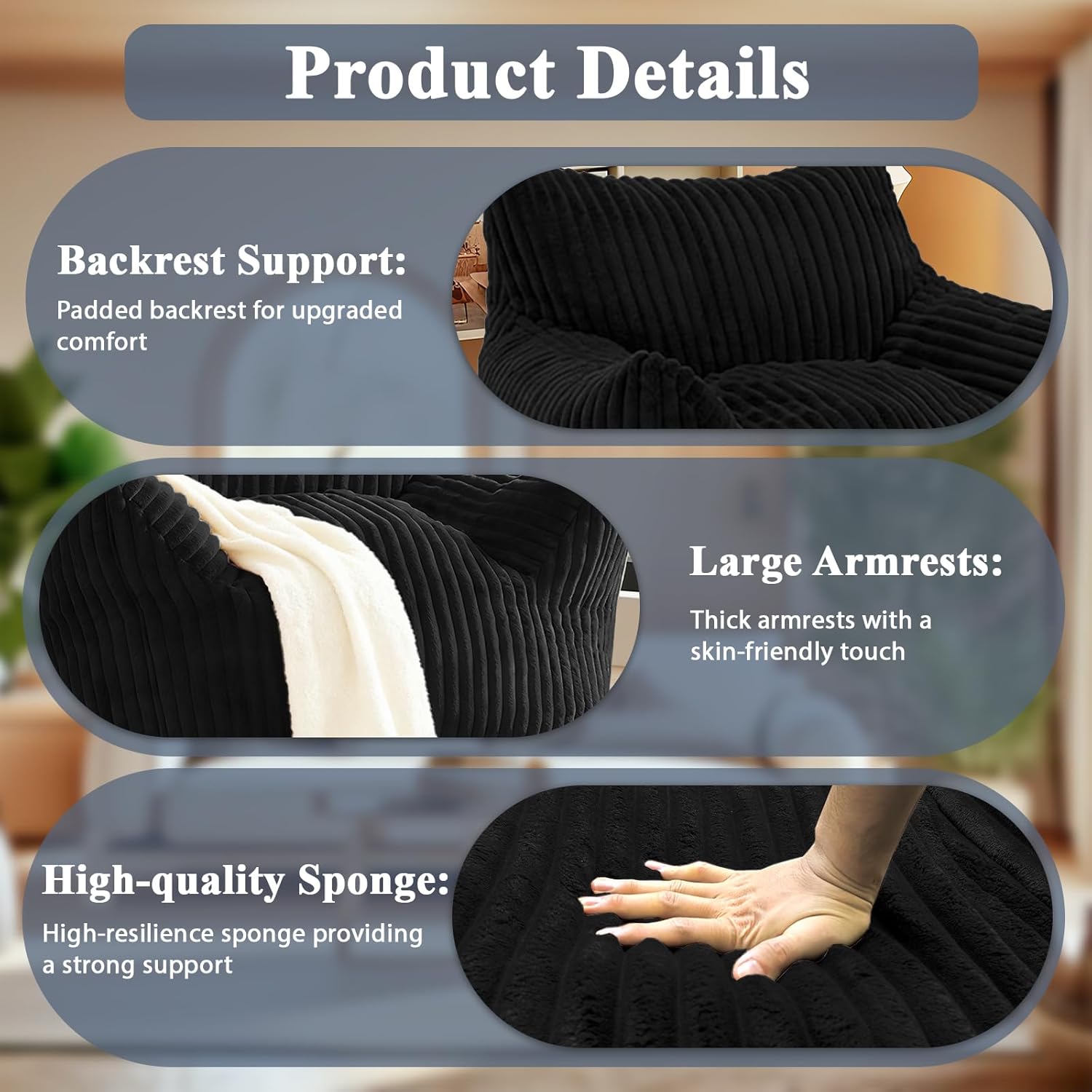 FanYi Bean Bag Chair for Adults with Armrests and Ottoman Oversized Comfy Beanbag Lounge Lazy Floor Sofa Accent Chair for Living Room, Bedroom & Dorm, Cozy Fluffy Single Cloud Mini Couch, Black