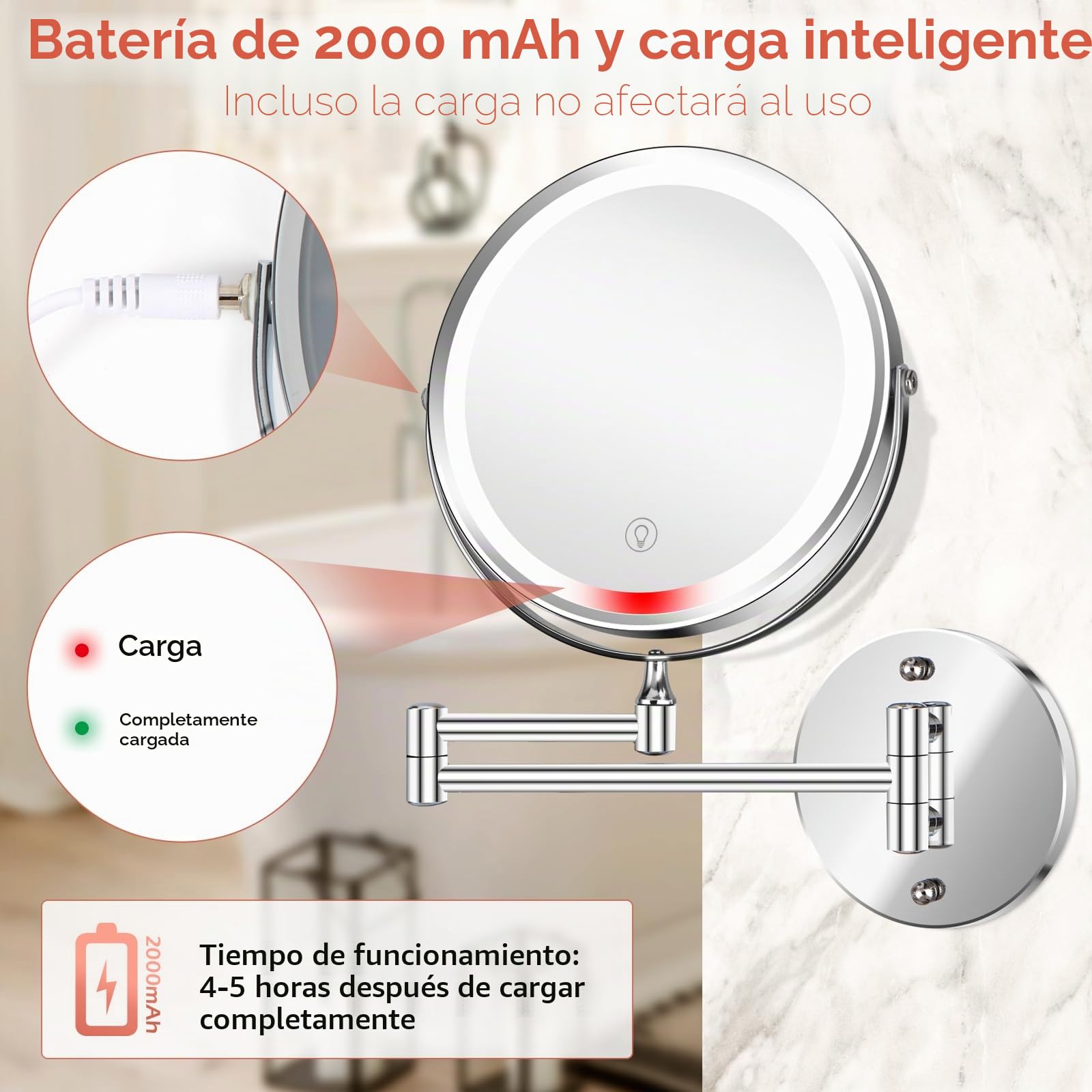 Espejo de maquillaje montado en la pared de 8 pulgadas, espejo de tocador de aumento 1x/10x con luces, LED recargable, 3 luces de color, espejo de baño de brillo ajustable, interruptor táctil,