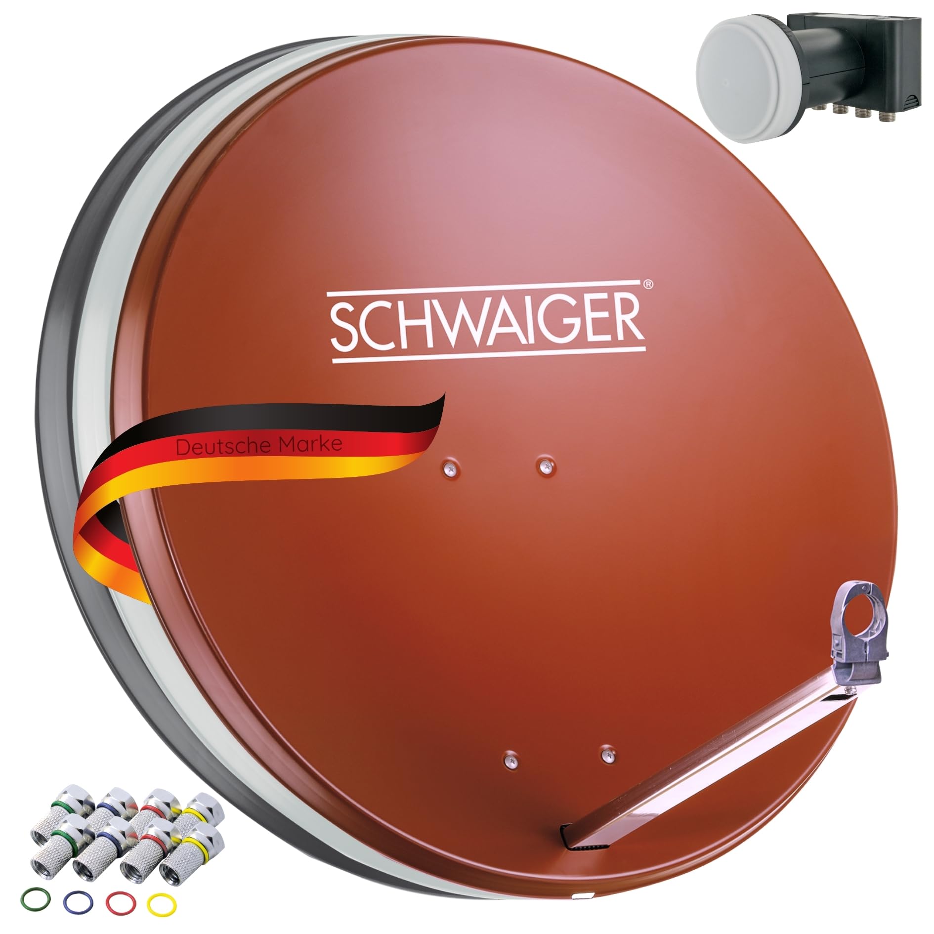SCHWAIGER 555 Sistema SAT Set satellitare Parabola Quad LNB digitale 8x F-plug 7mm Antenna SAT in alluminio Set completo Mattone rosso 74,5 x 84,5 cm