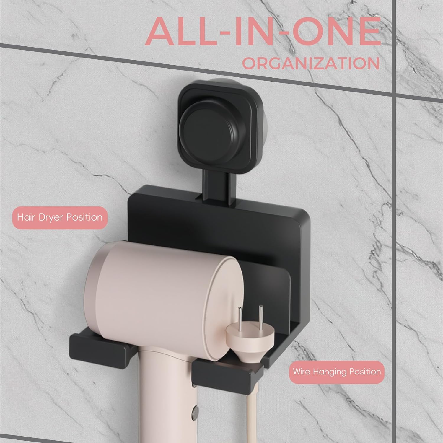 Hair Dryer Holder Wall Mounted - ABS Plastic Blow Dryer Holder Hair Tool Organizer with Wire/Plug Management, Self-Adhesive Design for Bathroom Cabinet Salon Home (Standard)