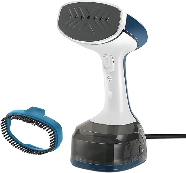 Sunbeam 1200W Steam Burst Handheld Steamer for Clothes, Dual Steam Settings, 30-Second Fast Head-Up, Bristle Brush Attachment, White and Blue Finish