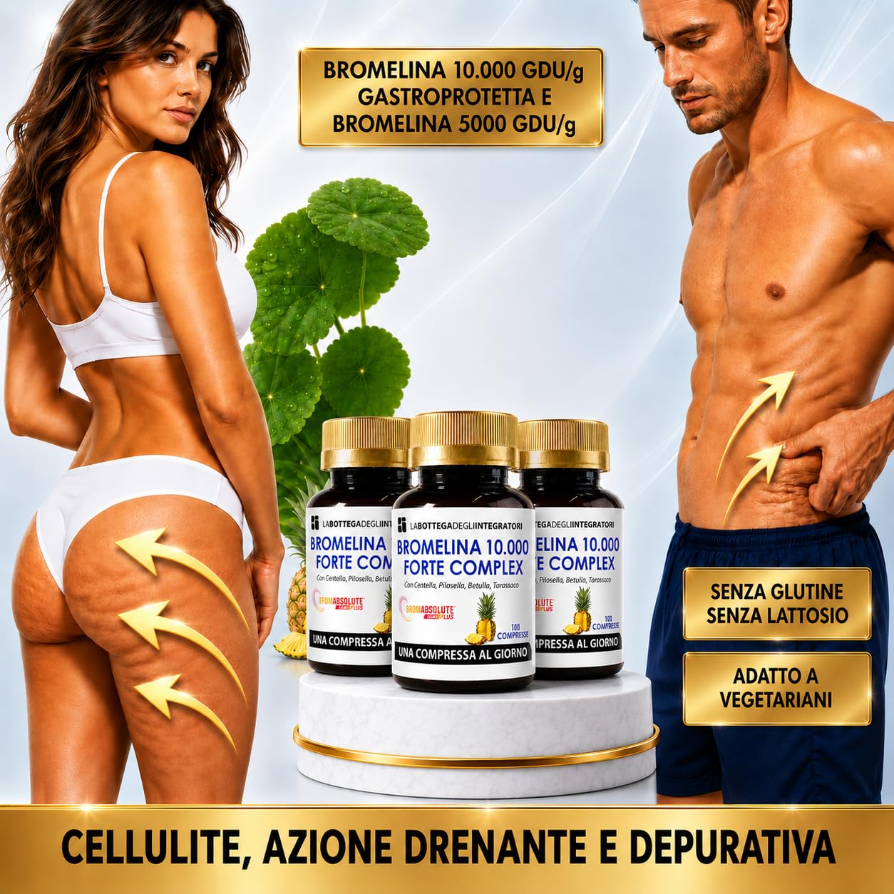 BROMELINA 10.000 GDU/g GASTROPROTETTA CON BROMELINA 5000 GDU/g CENTELLA PILOSELLA BETULLA TARASSACO | INTEGRATORE CELLULITE E DRENANTE 300 COMPRESSE 1 AL GIORNO