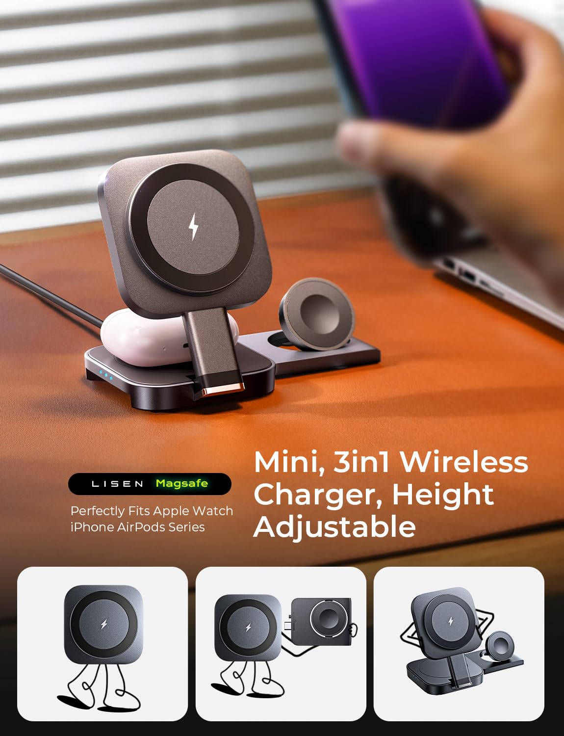 LISEN Stazione di ricarica 3 in 1 per Apple Watch e iPhone 16, stazione di ricarica Magsafe da viaggio, ricarica wireless per iPhone Magsafe Stand, comoda stazione di ricarica per Apple Watch Airpods