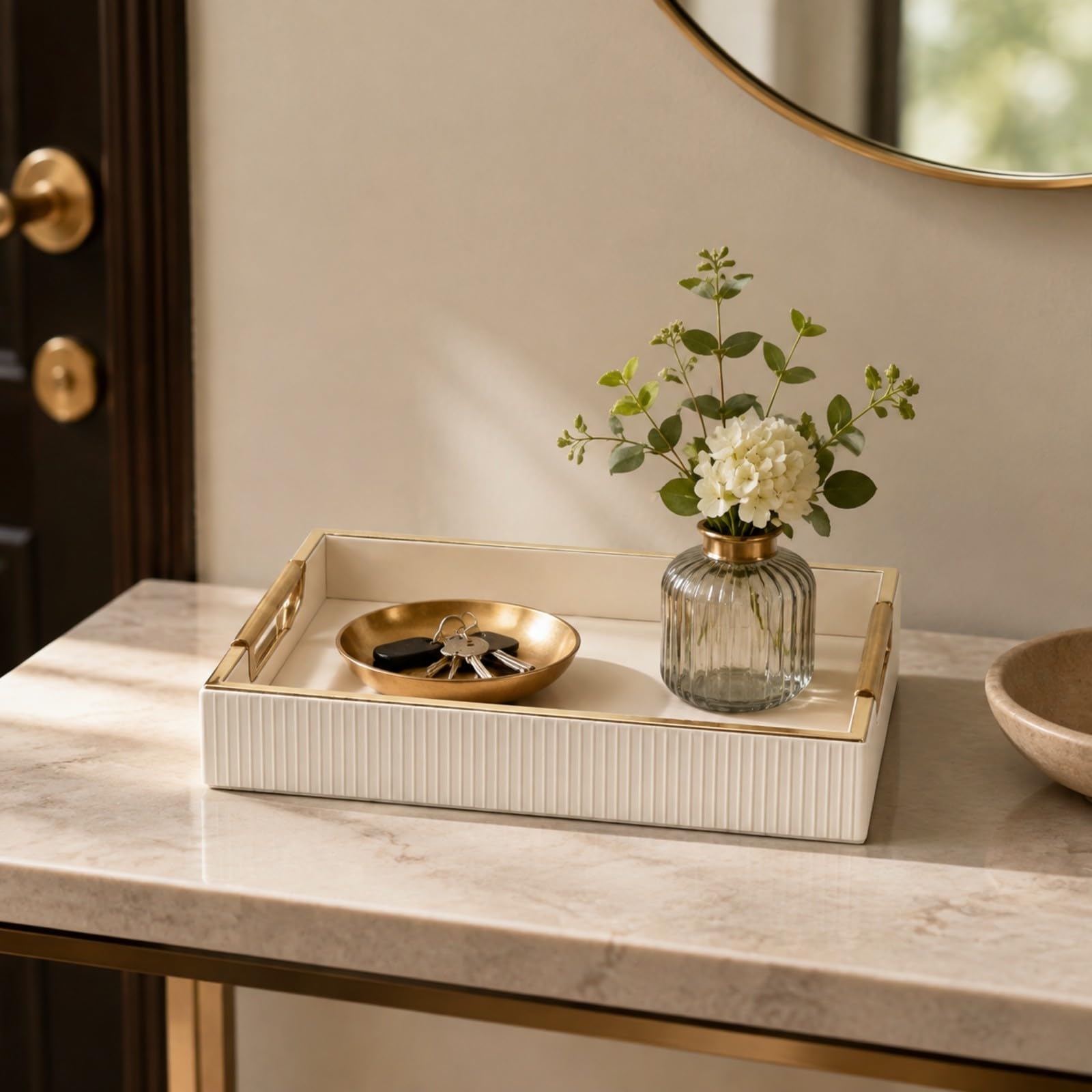 Banja PU con Base Plana Portátil Banja con Metálicas Brillan Organizador perficie Bor Dorado para Dormitorio, Raya Blanca S