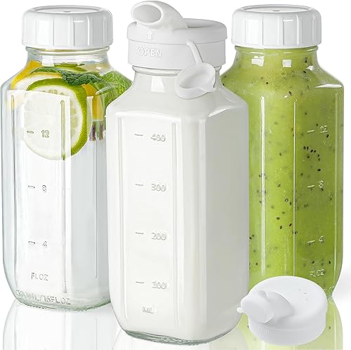 Syntic Botellas de jugo de vidrio con tapas, paquete de 3 botellas de agua de vidrio transparente con 2 boquillas de vertido, jarra de leche