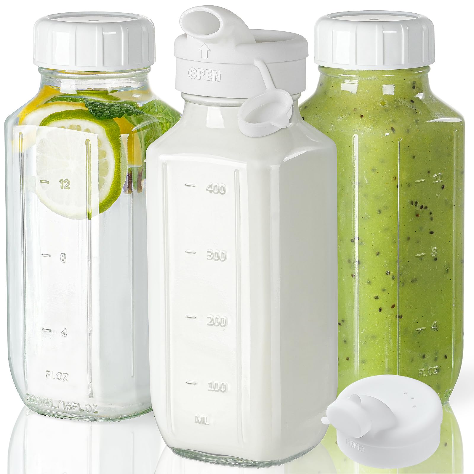 Syntic Glass Juice Bottles with Lids, 3 Pack Clear Glass Water Bottles w 2 Pour Spouts, 16 Oz Reusable Milk Jug w 100% Airtight Cap and Scale for
