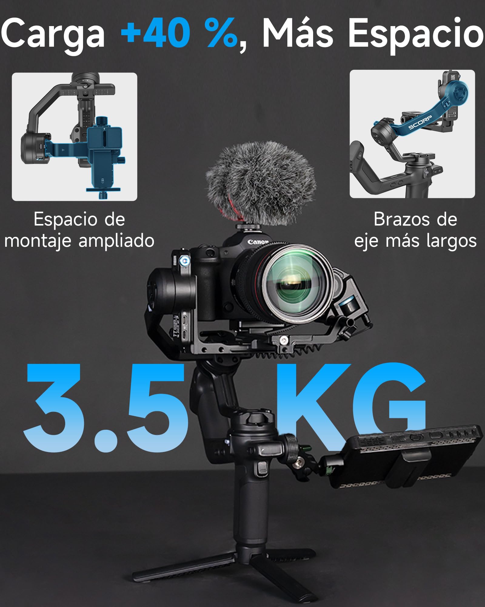 [Oficial] FeiyuTech SCORP 3 Kit Gimbal – 3,5 kg de Carga, Seguimiento AI, batería 14 h, Mango Remoto, botón de Captura Bluetooth, estabilizador Profesional con Estuche – para cámaras Sony/Canon/Nikon