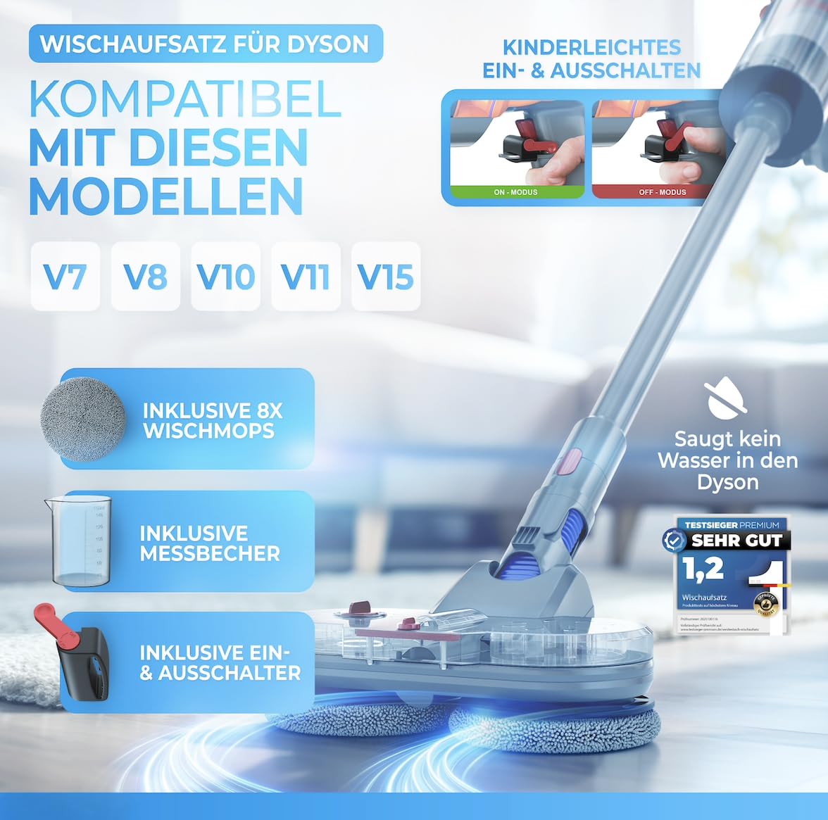 Zwycięzca testu – nasadka do wycierania do Dyson V7/V8/V10/V11/V15/Gen5 – odkurzacz elektryczny – nakładka na mop – odkurzacz na mop – na mokro i sucho – ze zdejmowanym zbiornikiem na wodę