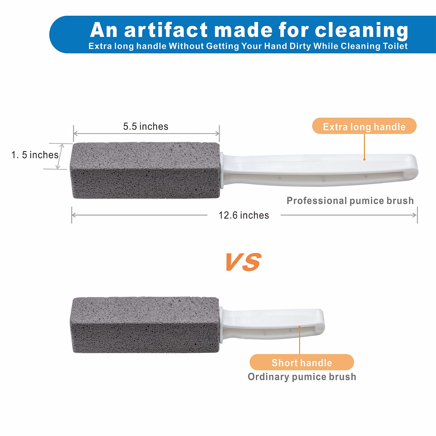 Pumice Stone Brush Toilet Bowl Cleaner with Extra Long Handle, 100% Natural Pumice Toilet Brush, Stain Remover Cleaning Brushes for Bath/Pool/Kitchen/BBQ Cleaning - 2 Pack with 2 Hooks 1