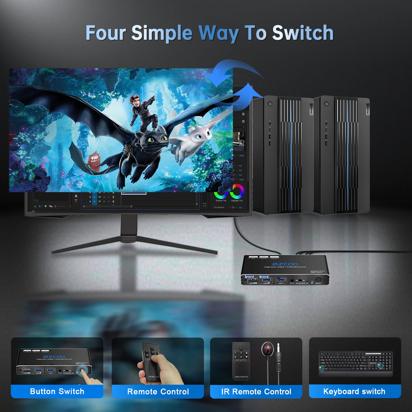 8K 60Hz 4K 120Hz HDMI 2.1 KVM Switch USB 3.0 2 porte con Hotkey 48Gbps Condividi 2 computer con una tastiera Mous HDR D-olby Vision HDCP2.2 Telecomando USB3.0 Cavo incluso