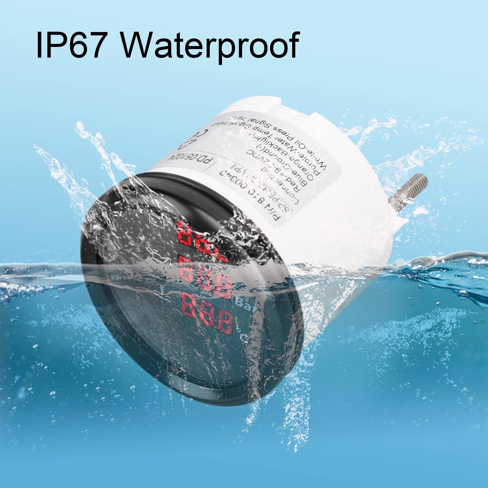 Indicatore Temperatura Acqua Pressione Olio Tensione 52mm Retroilluminazione Rossa Misuratore Digitale Impermeabile Yacht RV 9-32VDC (Quadrante nero lunetta nera)
