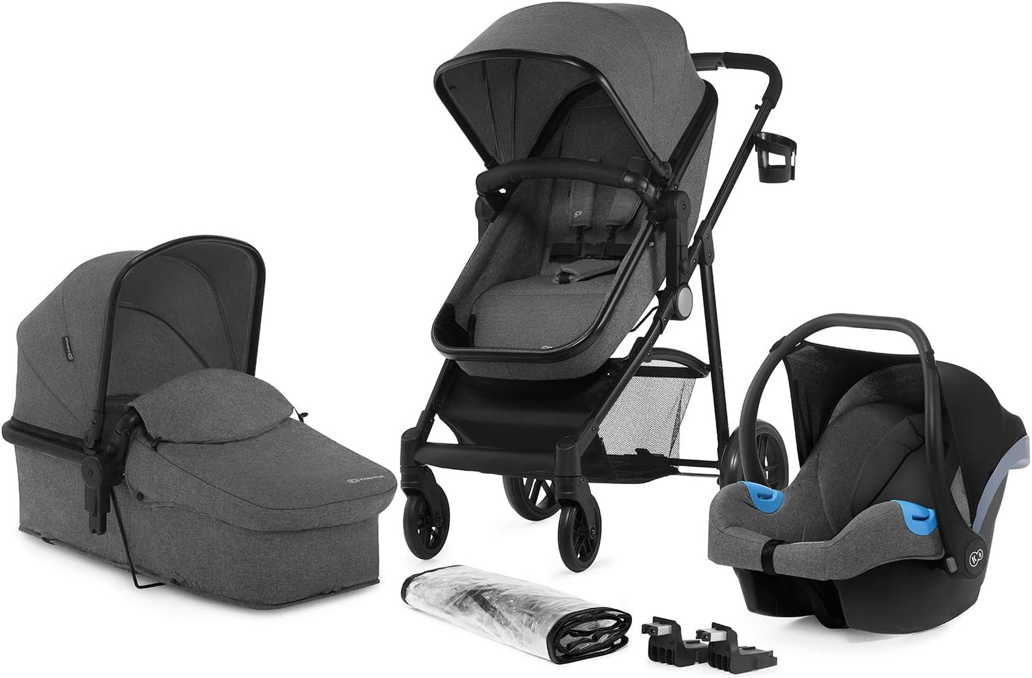 Kinderkraft Pram 3 in 1 Set JULI, Travel System, Baby Pushchair, Buggy, Foldable, with Infant Car Seat, Carrycot, Accessories, Rain Cover, Footmuff, Cup Holder, from Birth to 3 Years, Gray