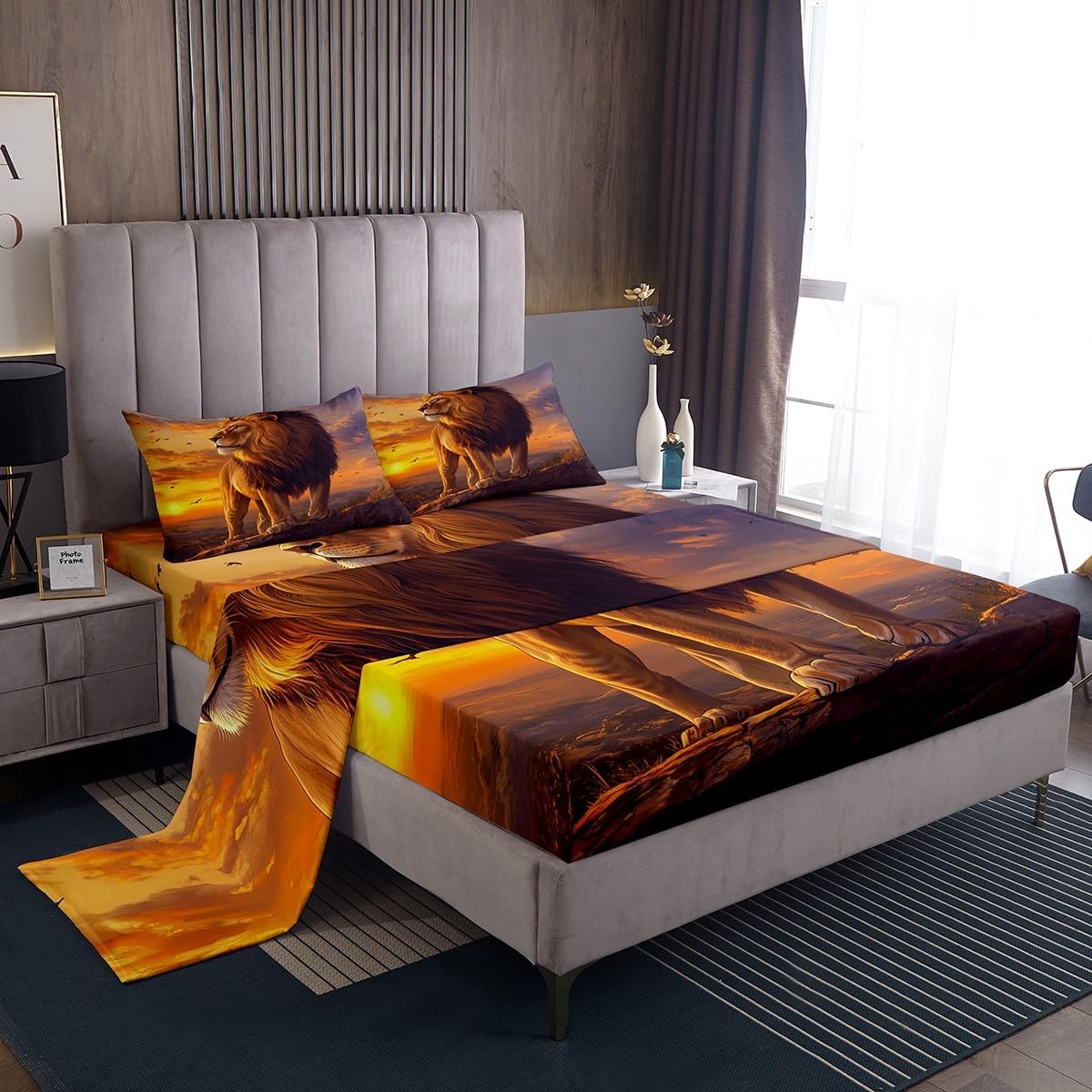 Natural Sunset View Bed Sheet Queen Set,Lion Sheets Sets Adults Bedroom Decor,3D Print Wild Animals Bedding Set with Flat,Fitted Sheet,2 Pillow Cases
