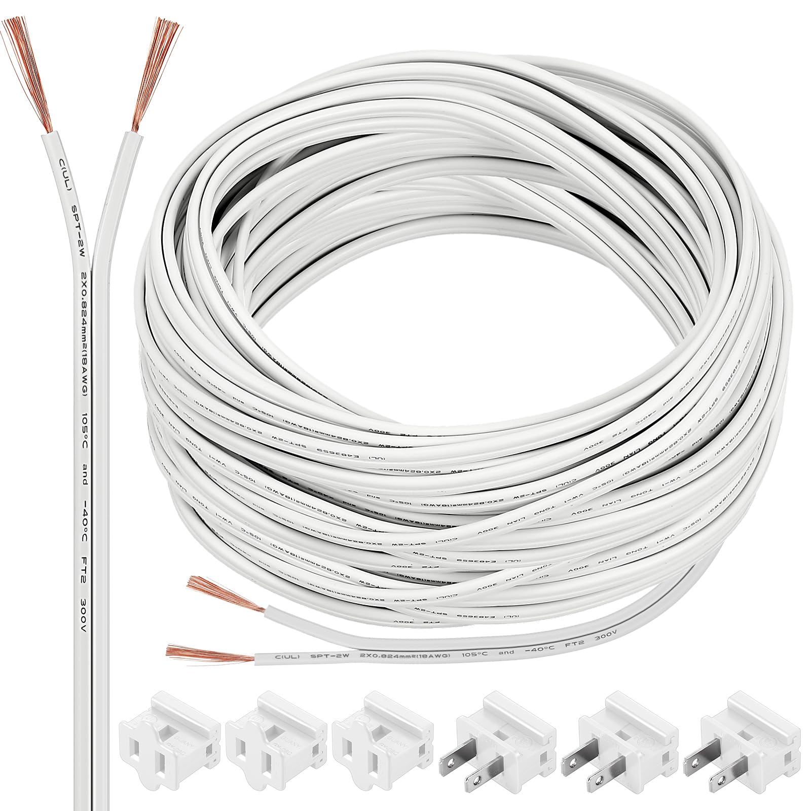 Chapou SPT-1 100 ft 18/2 Wire Electrical Wire with 6 Plugs 18 AWG Wire 18 Gauge Wire for LED Lighting Strip Lamp, Lamp Extension Cable, Residential Outdoor Commercial Industrial, White