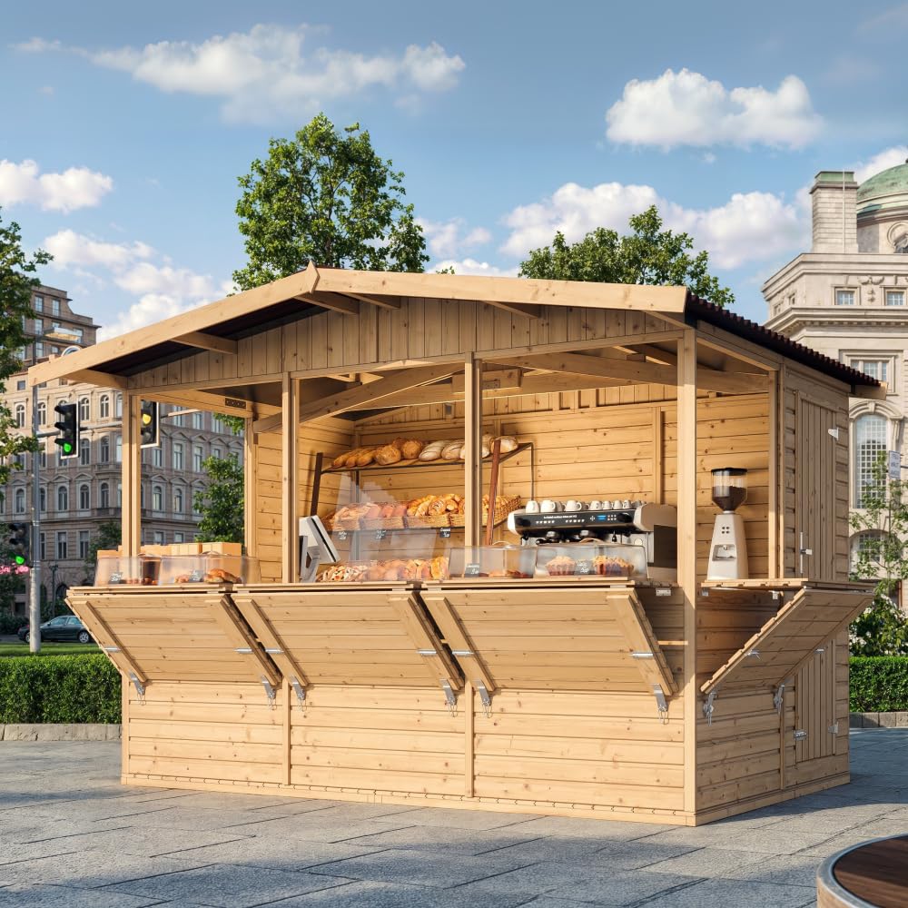 Capanno in Legno, Capanno Espositore in Legno, Chiosco da giardino per bar, CINQUE FINESTRE 336x263 cm/6 m2 Stand di vendita con bancone, Multifunzione cabina da giardino TIMBELA M150B