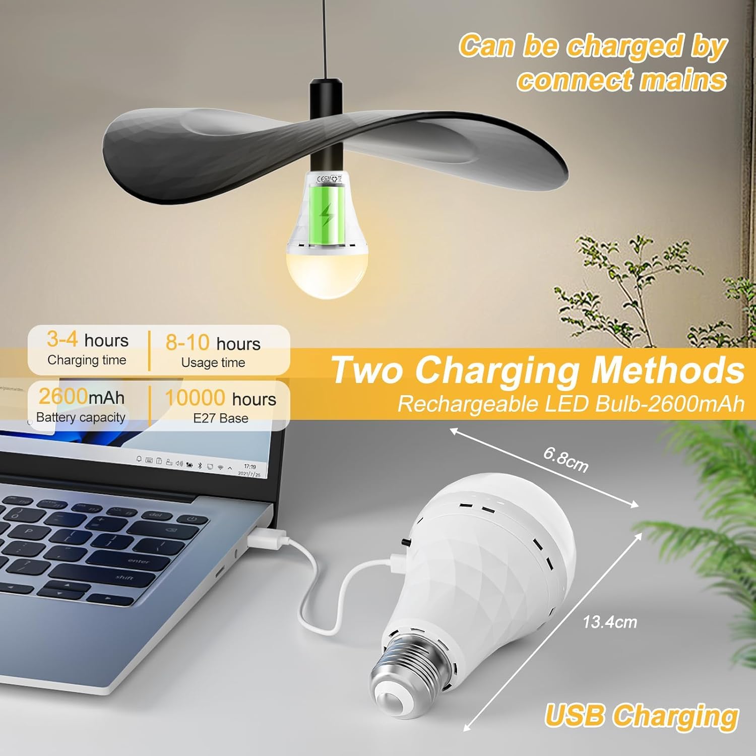 E27 2600mAh Lampadina LED Ricaricabile con Telecomando Timer, Lampada Emergenza Dimmerabile (3000K/4000K/6500K), Attacco&USB Ricaricabile Doppia Funzione per Lampade Senza Corrente/Campeggio 4 Pezzi
