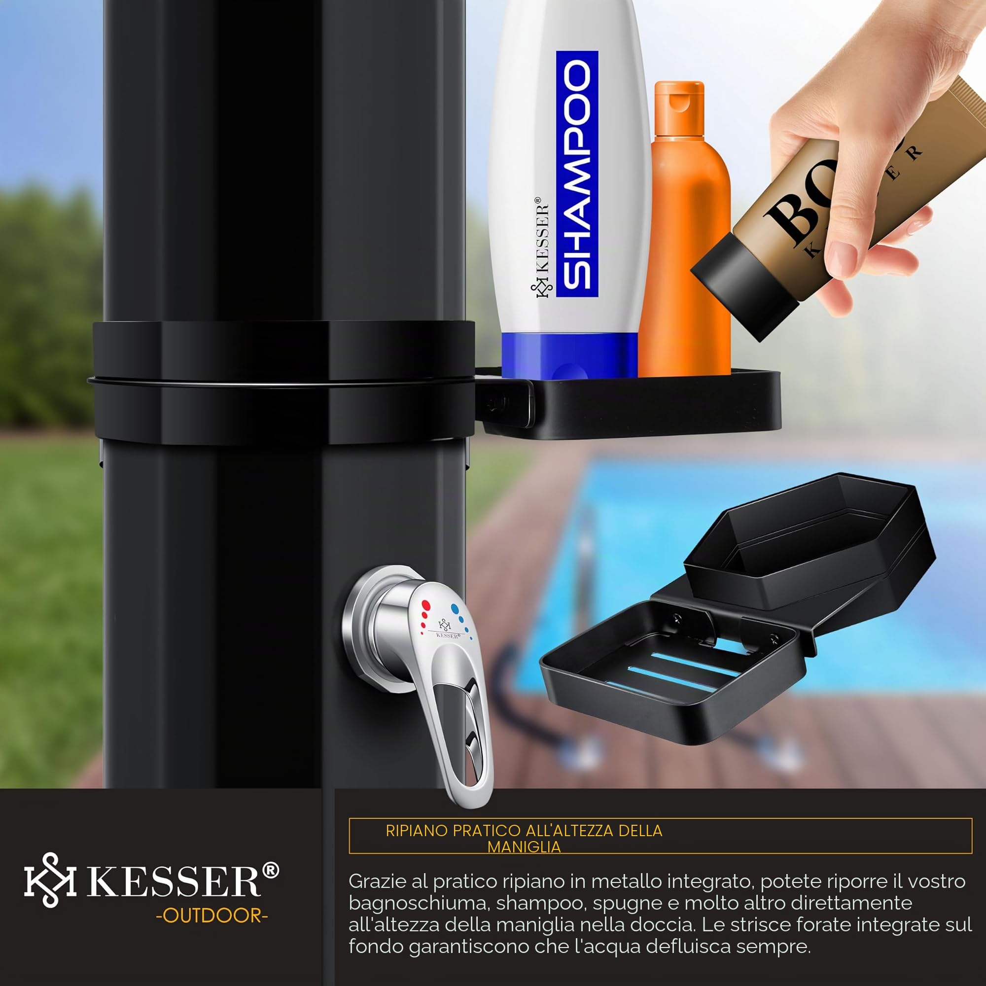 KESSER® Doccia solare da giardino da 60 l, doccia solare per giardino e piscina, con acqua calda, doccia per piscina senza corrente, soffione doccia a pioggia e rubinetto con connettore per tubo da